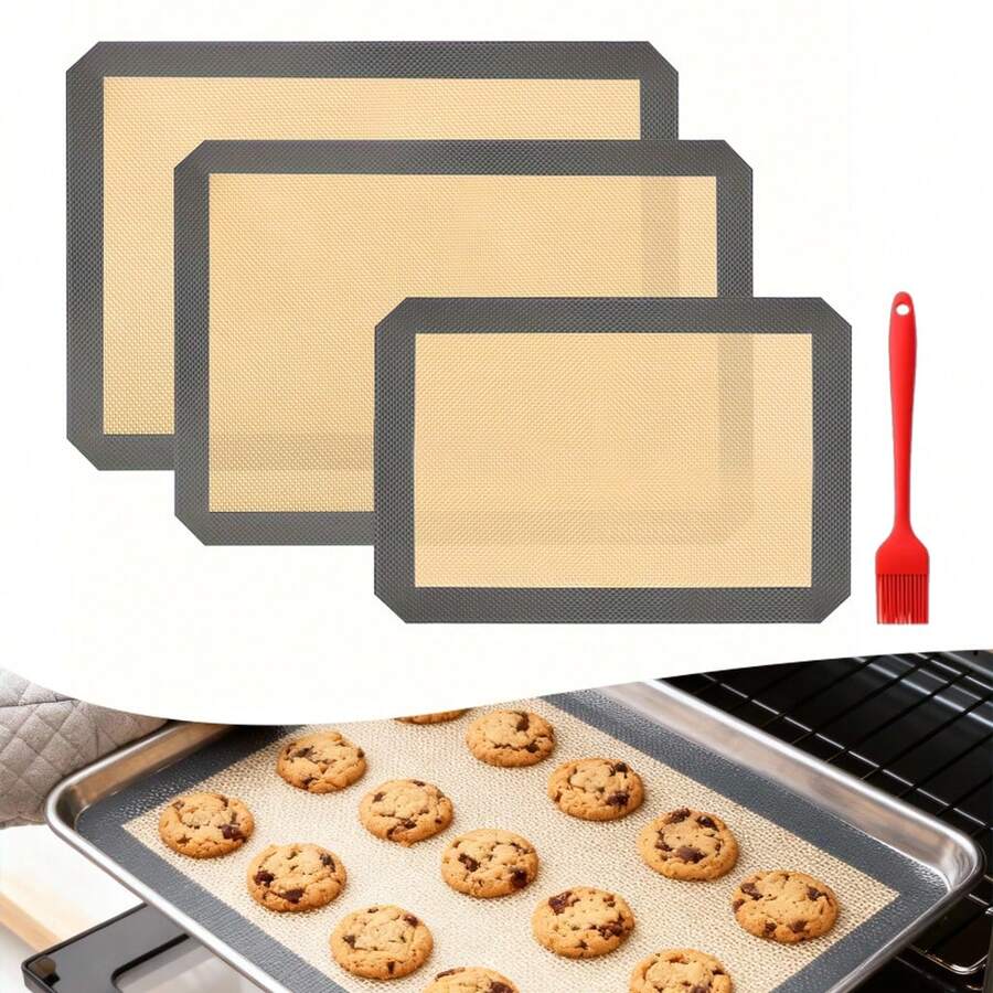 4件套硅胶烘焙垫套装，不粘烘焙垫带刷子，耐热烤箱垫，烤盘垫，面团垫，适用于面包、糕点、马卡龙面团，烘焙工具配件
