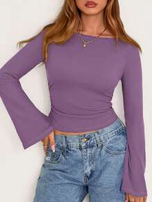 Fall New Arrival Women's Long-Sleeve Top Crop-Top Style Casual Outerwear Boat Neck With Bell Sleeves Ribbed Pleated Design Millennial-Inspired Fashion - 紫色 - 查看 6