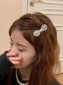 1pc INS Crystal & Pearl Hair Clip, Spring Clamp Ponytail Clip, Bangs Clip Hair Accessory, Hairpin - Multicolor - View 8