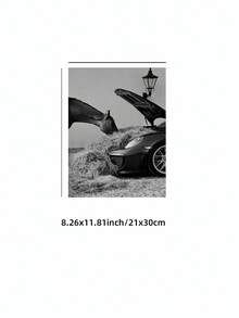 1pc Frameless Horse & Supercar Digital Print, Black And White Luxury Car Photography, Farmhouse Chic Exotic Wall Art, Modern Garage Decor For Man Cave, Masculine Home Decor, Gift For Car & Horse Lovers - Multicolor - View 12