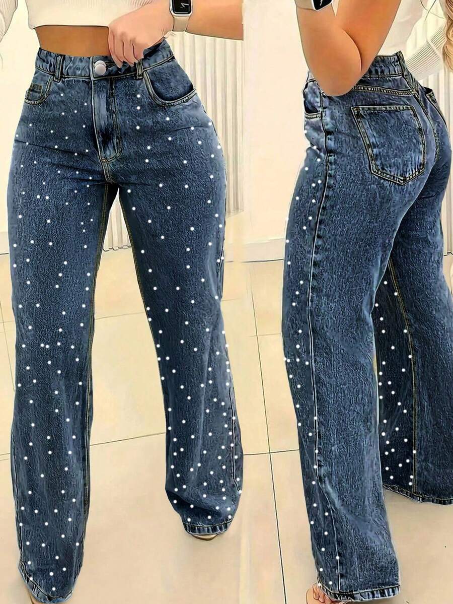 Women's Multi-Pocket Straight Jeans With Pearl Design, Women's Casual And Versatile Jeans Pantalones De Mujer Jean - 藏蓝色 - 查看 1