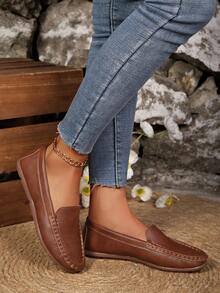 Women's Handmade Stitching Flat Loafers, Comfortable Non-Slip Soft Bottom Casual Moccasins - Brown - View 6