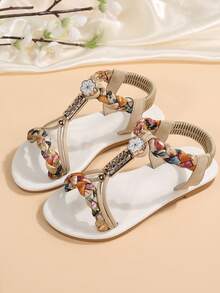 2026新款凉鞋，儿童凉鞋，沙滩凉鞋，名牌凉鞋，时尚米色凉鞋，闪亮钻石凉鞋，波西米亚风凉鞋，舒适耐穿，手工编织鞋带 - 白色 - 查看 6