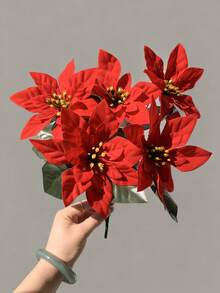 5 główek/1 bukiet sztucznych kwiatów poinsecji, krzewów, kwiaty świąteczne na werandę, do domu, ogrodu, do wnętrz i na zewnątrz (czerwony)