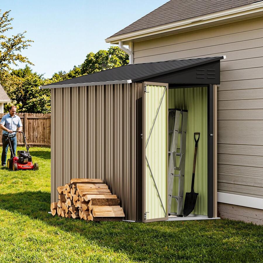 Flamaker 8x4 FT Outdoor Storage Shed, Lean To Storage Shed, Garden Tool Metal StorageHouse With Lockable Door, 2 Air Vents And Sloped Roof For Backyard, Patio, Lawn, Brown - 棕色 - 查看 1