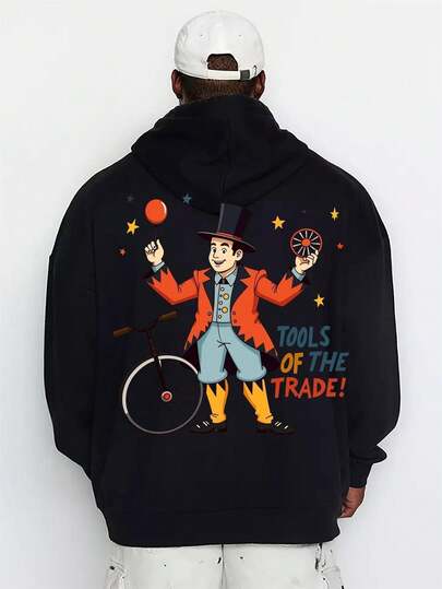 Men's Steampunk Hoodie Jules Verne Victorian Jacket With Tool Characters & Balloon Print - Soft Breathable Loose Fit Pullover, Kangaroo Pocket For Industrial Gothic Outfits, All-Season Casual Wear, Machine Washable Retro Fleece Sweater