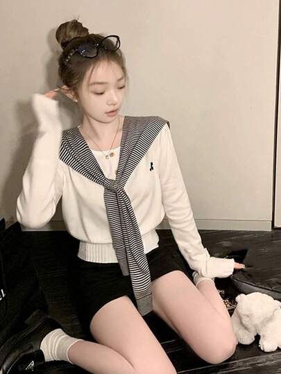 韩版百搭条纹披肩领长袖针织开衫，女士优雅秋冬外套