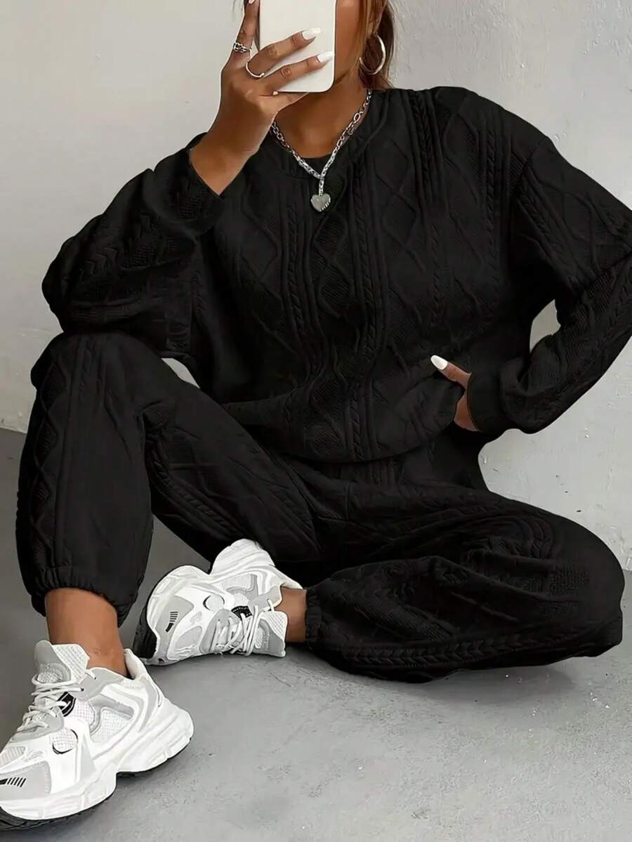 Ladies' Oversized Cable Knit Sweatsuit, 2-Piece Sweater & Pants Set, Soft Warm Autumn/Winter Outfit, Holiday Season Casual Loungewear, Various Chic Festive Colors To Choose - 黑色 - 查看 1