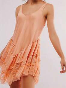 Women's Summer Sleevelesss Dress Lace Patchwork Deep U-Neck Backless Mini Loose Dress - 橘色 - 查看 1