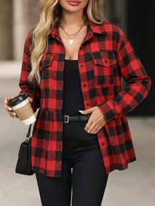 女士经典格纹翻领纽扣荷叶边衬衫，秋季圣诞节日常穿着修身显瘦优雅上衣 - 紅色 - 查看 5