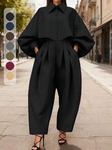 HUTENER Plus Size Women 2 Pieces Set - Lantern Sleeve Solid Color Lapel Button Design Blouse + Pocket Ruched Long Pants, Suitable For Commuting, Business, Office Black Spring Elegant - Black - View 1