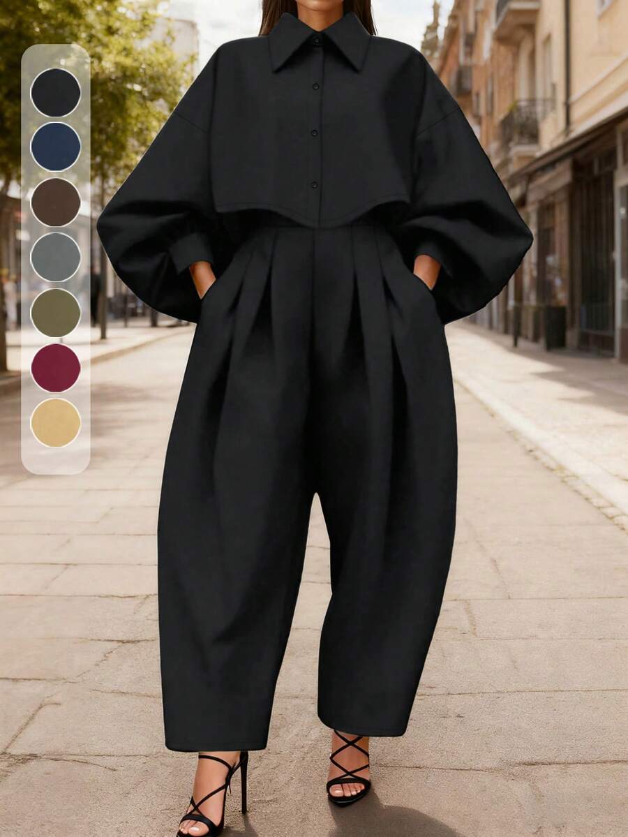 HUTENER Plus Size Women 2 Pieces Set - Lantern Sleeve Solid Color Lapel Button Design Blouse + Pocket Ruched Long Pants, Suitable For Commuting, Business, Office Black Spring Elegant - Black - View 1