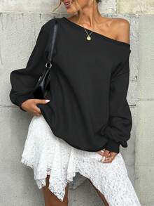 Women's Fleece Lined Off Shoulder Long Sleeve Oversized Pullover Top, Slouchy Basic Sweatshirt 8UTF - Gray - 查看 10