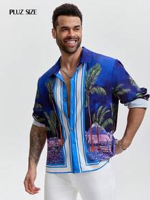 1pc Men's Collared Single-Breasted Long Sleeve Coconut Tree Print Casual Vacation Shirt, Stylish For Holiday Parties, Formal Events - Blue - View 3