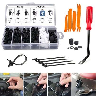 130 piezas Juego de sujetadores universales de plástico para automóviles, con herramienta de desmontaje y sujeción, adecuado para parachoques, decoración de puertas y clips de firmware de automóviles