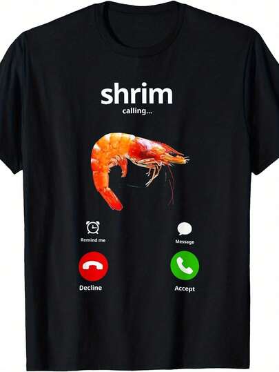 Camiseta divertida de meme de llamada de camarón - Diseño de teléfono de camarón deletreado con botones de aceptar/rechazar e ícono de camarón - Camiseta de manga corta de ajuste holgado casual para amantes del marisco, regalo divertido de ropa de meme tecnológico