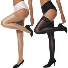 Medias altas transparentes brillantes hasta el muslo, 2 pares de medias de lencera sedosas para mujer con encaje de silicona Stay - CH-M + 1 Par Natural, 1 Par negro - Ver 1