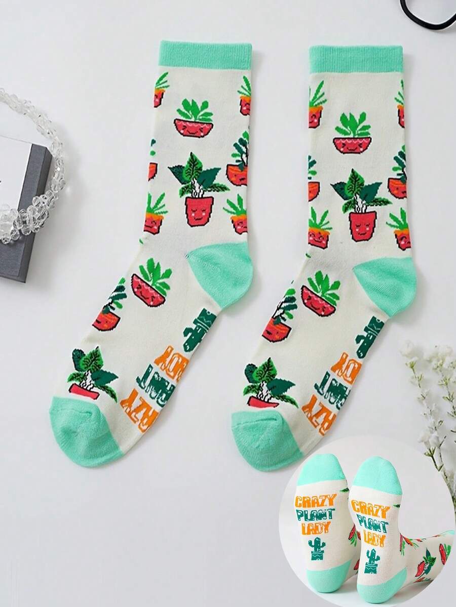 1 Pair Women's Novelty Creative Ins Funny Plant Letter Print Pattern Personalized Mid-Calf Socks, Fashion Cartoon Number Floral Interesting Socks, Student Socks, Football Socks, Funny Socks, Ramadan Socks, Suitable For Daily Casual Sports Couples Party Gifts, Spring Summer Autumn Winter, Comfortable Soft, Suitable For All Occasions And Festivals - Multicolor - View 1