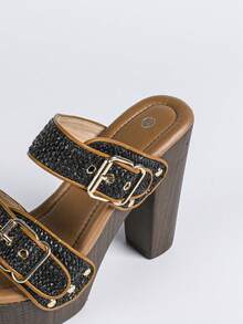 Women Fashion Chunky Platform Block High Heel Summer Sandal With Ankle Strap And Stud Peep Toe Mule Sandals Heel Shoes - 黑色 - 查看 8