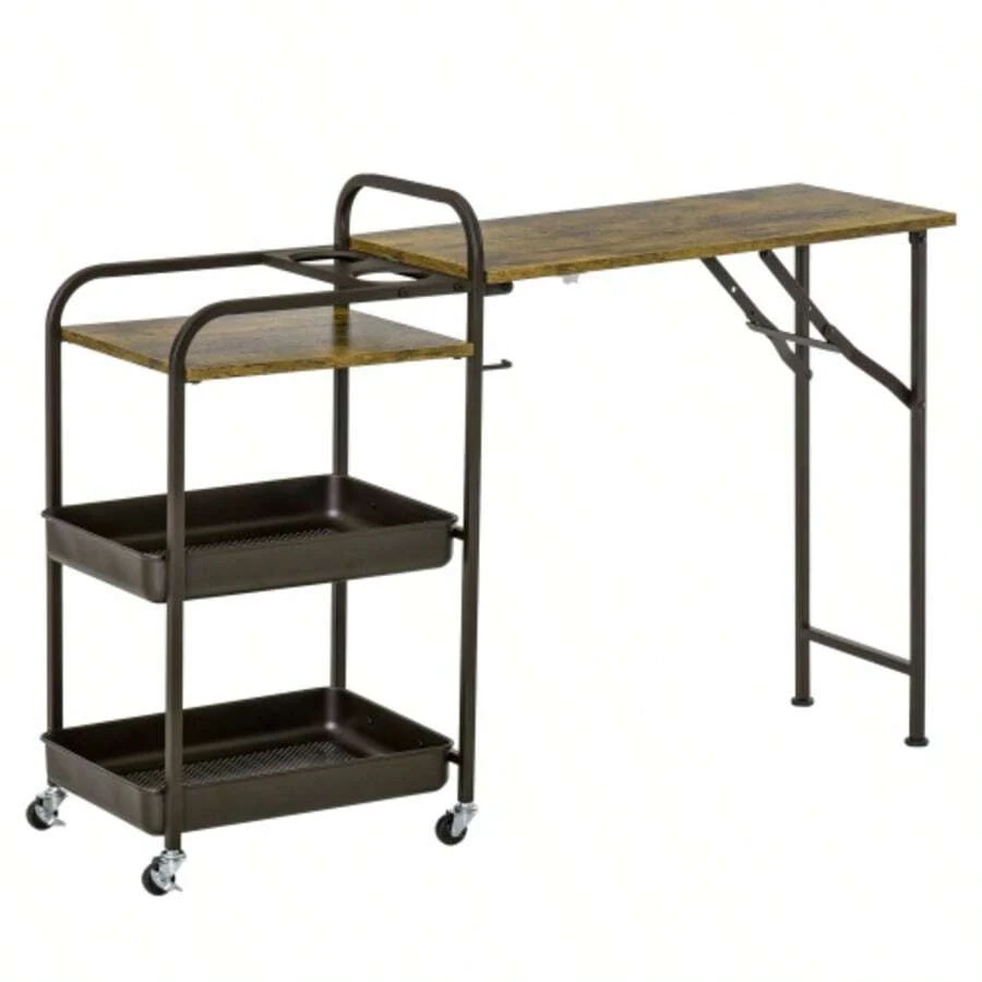 HOMCOM Kitchen Trolley With Folding Top, 2 Shelves, Wheels And Adjustable Feet For Kitchen And Dining Room. - Maroon - View 1