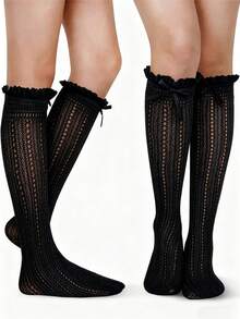 2pairWomen's Lace Knee High Socks, Girls' Pleated Knee High Socks, Black And White Mesh Fishing Net Stockings - 705 - View 5