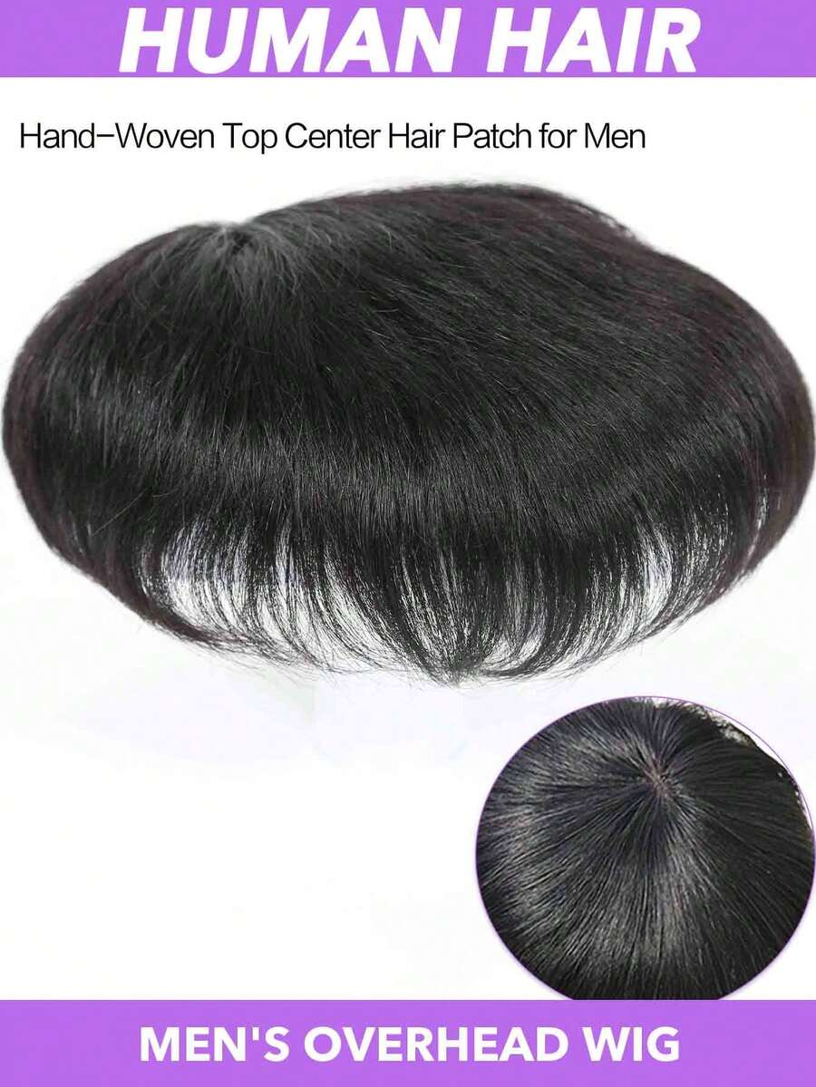 18x20/16x18厘米男士真人发假发，PU包边，自然黑色底，大面积平头，隐形增发片，外观自然，经久耐用，可水洗，透气轻盈，基础款，适合稀疏和秃顶人群，自然黑色 - Natural Black - 查看 1