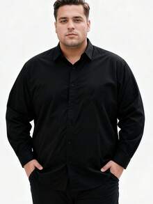 加大码男士军绿色商务休闲长袖黑色衬衫，百搭纯色正装衬衫 - 黑色 - 查看 1