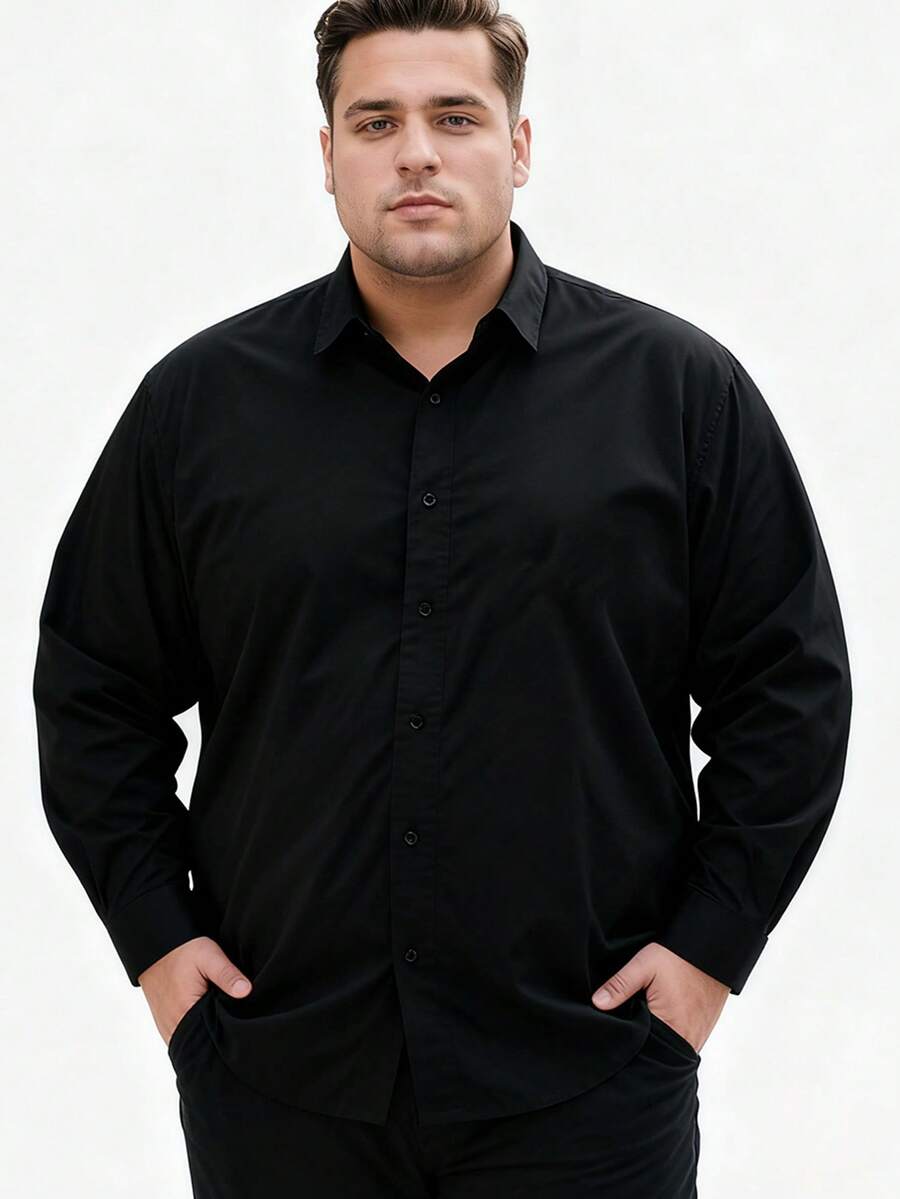 加大码男士军绿色商务休闲长袖黑色衬衫,百搭纯色正装衬衫 - 黑色 - 查看 1