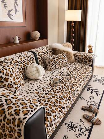 1pc Polyester Leopard Print Sofa Cover Blanket, Pet-Friendly, Anti-Scratch, Non-Slip Sofa Slipcover, Machine Washable, For Bedroom, Office And Home Decor, Winter Sofa Pad