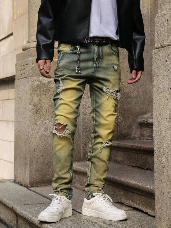 Erkek Vintage Hardal Sarısı Kot Pantolon, Yıpranmış Yıkama Streç Slim Fit Günlük Amerikan Sokak Stili Pantolon