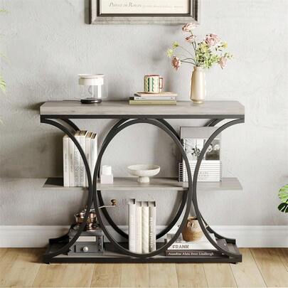 Mesas de Consola estrechas de 39 Pulgadas para Entrada, Mesa de sofá Industrial de 3 Niveles con Base Redonda de Metal y estantes de Almacenamiento para Sala de Estar, Pasillo, vestíbulo