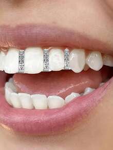 1 chiếc răng giả mạ vàng 4 viên pha lê, kiểu dáng đường phố, phụ kiện hip-hop đa năng. - Bạc - Xem 2