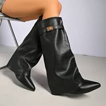 Wedge Pointed Toe Ruched Shark Boots With Buckle Strap, Fashionable & Elegant, Solid Color Faux Leather Lock & Key Mid-Calf Boots For Party, Holiday, Office, All Seasons - Black - View 9