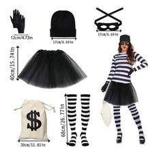 6pcs Women's Burglar Costume Set, Including Ballet Tutu Skirt, Burglar Hat, Gloves, Eye Mask, Canvas Money Bag, Striped Socks, Suitable For Adult Halloween Cosplay, World Book Day Masquerade Ball And Other Occasions
