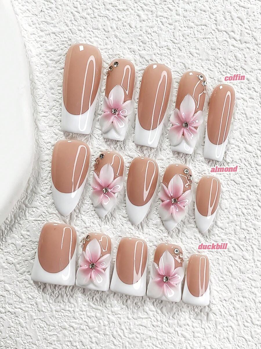 10Pcs/Set Pure White And Simple Girl Handmade Acrylic Nail Tips With French Designs,3D Pink Gradient Glamorous Floral Elements Manicure, Includes Nail Tools,3 Sizes Available,Almond Nails , Duck Nails,Coffin Nails For Party, Dance, Daily Wear. - Multicolor - View 1