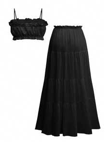 女士波西米亚休闲度假风复古优雅乡村街头风少女学院风极简日常通勤嘉年华单身派对假日西部嬉皮风两件套夏季套装,音乐节穿搭,复活节穿搭,白色抹胸上衣,白色吊带背心,露脐背心,两件套半裙套装,白色两件套,无袖吊带背心,沙滩装 - 黑色 - 查看 5