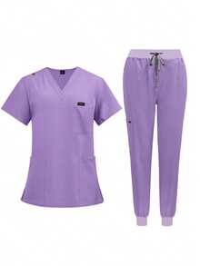 Women's Workwear Set - V-Neck Top And Sports Pants With Zipper Side Pockets, Anti-Pilling Breathable Uniform