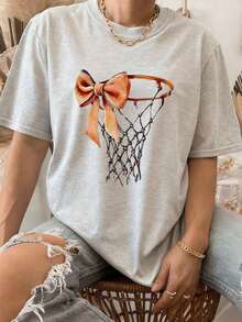 Clothes Street Fashion Bow Tie And Basketball Hoop Pattern Print Plus Size Loose T-Shirt Painting Style Patterns,Girl's Solid Color T-Shirt , Suitable For Daily Wear, Going Out, Party, School, Attending Music Festivals, Vacation, Commuting. Can Be Given As A Gift To Family, Boyfriend,Girlfriend, Friends,Girls Winter Clothes,Essentials Hoodie