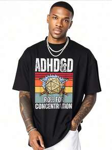 Plus Size Men's Casual Crew Neck Short Sleeve 100% Cotton T Shirt With Gaming Dice And ADHD Related Digital Print Heavyweight 220g T Shirt - Negro - Ver 2
