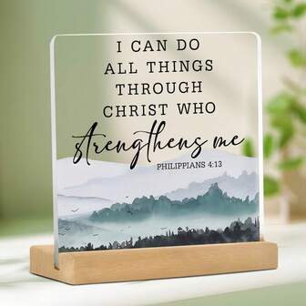 1 pieza, Placa acrílica cristiana con el versículo bíblico de Filipenses 4:13 - Decoración inspiradora moderna, arte de sobremesa o de pared con forma irregular, regalo inspirador para el hogar y la oficina, diseño paisajístico, construcción duradera, decoración de habitaciones, decoración del hogar, decoración del dormitorio, decoración del baño, decoración de la sala de estar, artículos de decoración de habitaciones, decoración de escritorio, decoración del dormitorio, Dios, regalos cristianos