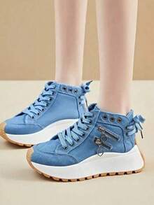 Women's Casual Sports Shoes 2025 Spring And Autumn New Style Fashionable And Simple Side Zipper Decoration Solid Color Design, Comfortable And Breathable Thick-Soled Women's Shoes, Suitable For Camping Holiday Parties, Women's Sports Casual Shoes - Màu xanh lam - Xem 3