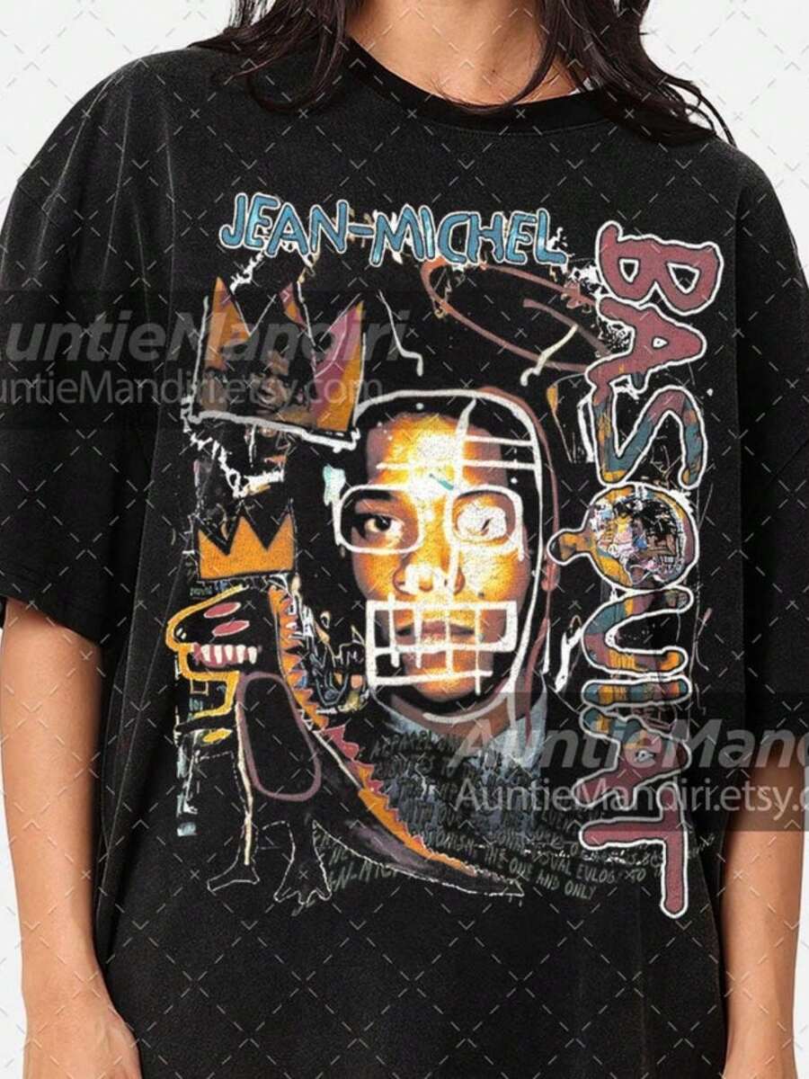Jean-Michel Basquiat Artist Style Printed Short-Sleeved Abstract Art Element  Women's T-Shirt - màu đen - Xem 1
