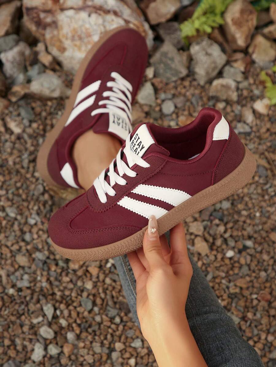 女士休闲百搭豹纹运动鞋，时尚吸睛，舒适耐穿，橡胶软底运动鞋，透气轻便，拼接设计，女士运动鞋 - 酒紅色 - 查看 1