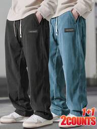 2 piezas Pantalones casuales de pana para hombres, de unicolor con bolsillos con cordón, transpirables y cómodos, adecuados para uso casual diario, primavera/otoño