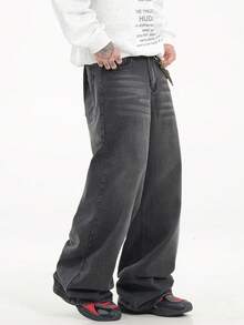 1 pieza Pantalones vaqueros de pierna ancha de estilo coreano, ajuste holgado, lavado, de estilo casual de la marca Justice Brother - Negro - Ver 6