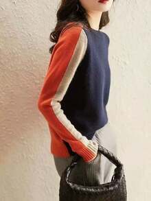 Women's Colorblock Elegant Warm Soft Casual Sweater, Suitable For Spring, Autumn, Winter - Orange - View 4
