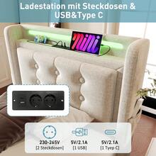 Upholstered Bed 90x200, Single Bed With LED Headboard And USB C Charging Function, Hydraulic Bed With Wooden Slatted Base And Metal Frame, Load Capacity 150 Kg, Beige, Cotton (Mattress Not Included) - Beige + Cotton Linen - View 7