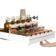 Ausziehbares Schrankspeicherregal - erweiterbar, Nano-Klebefixierung, platzsparend, verstellbar, langanhaltend, einfach zu installieren, geeignet für Küchen- und Wohnzimmer-Lebensmittelregale (mit Schienen zum Ausziehen) - Weiss - Übersicht 10