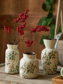 1pc/3pcs Handmade Vintage Garden Style Ceramic Vase, Crackle Glaze Design, White Base With Green Floral Pattern, Suitable For Indoor, Living Room, Kitchen, Tabletop, Windowsill, Dining Table Decor, Can Hold Fresh/Dried Flowers, Ideal Gift For Boyfriend/Girlfriend, Graduation, Ramadan, Holidays, Ramadan Decoration, Ramadan Blessings - Multicolor - View 2