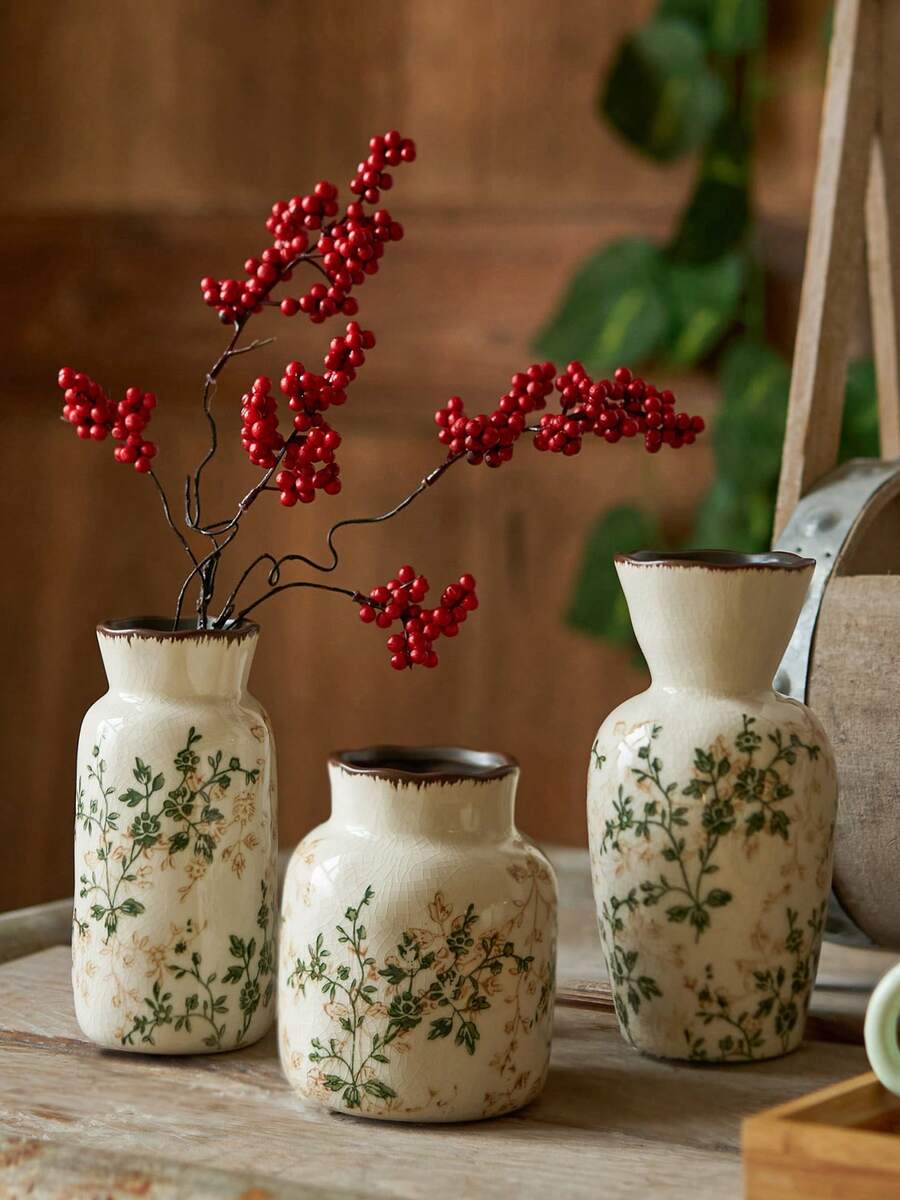 1pc/3pcs Handmade Vintage Garden Style Ceramic Vase, Crackle Glaze Design, White Base With Green Floral Pattern, Suitable For Indoor, Living Room, Kitchen, Tabletop, Windowsill, Dining Table Decor, Can Hold Fresh/Dried Flowers, Ideal Gift For Boyfriend/Girlfriend, Graduation, Ramadan, Holidays, Ramadan Decoration, Ramadan Blessings